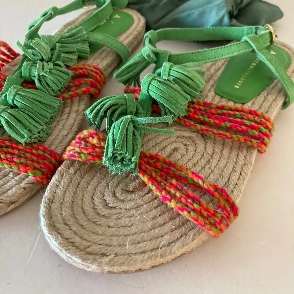 NWOT Anthropologie Fringe Rope Green Suede Boho Sandals Sz 6